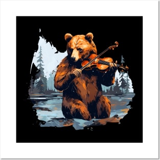 Grizzly Bear playing violin Posters and Art